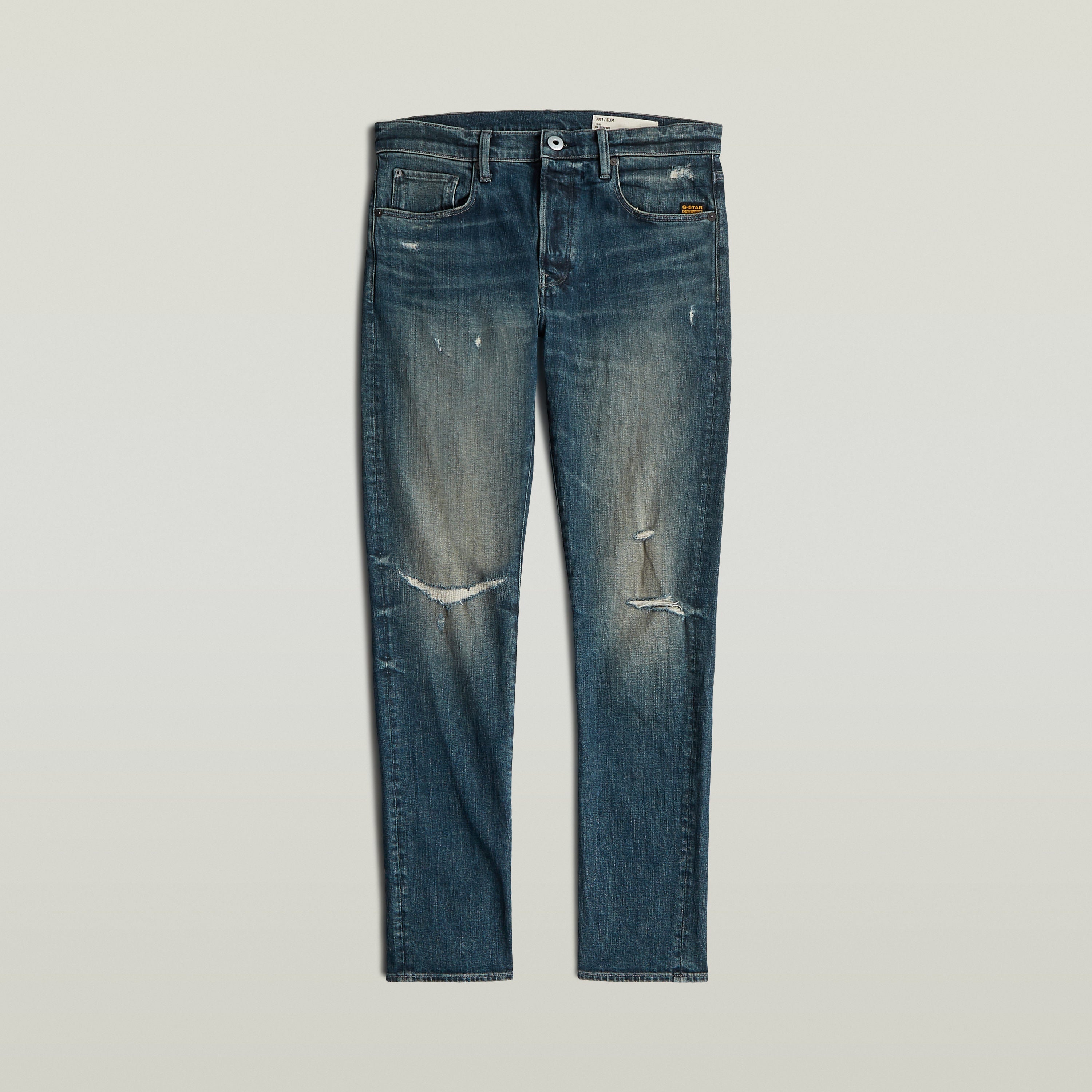 3301 slim fit jeans en denim greencast con detalle de desgastado y costuras de refuerzo.