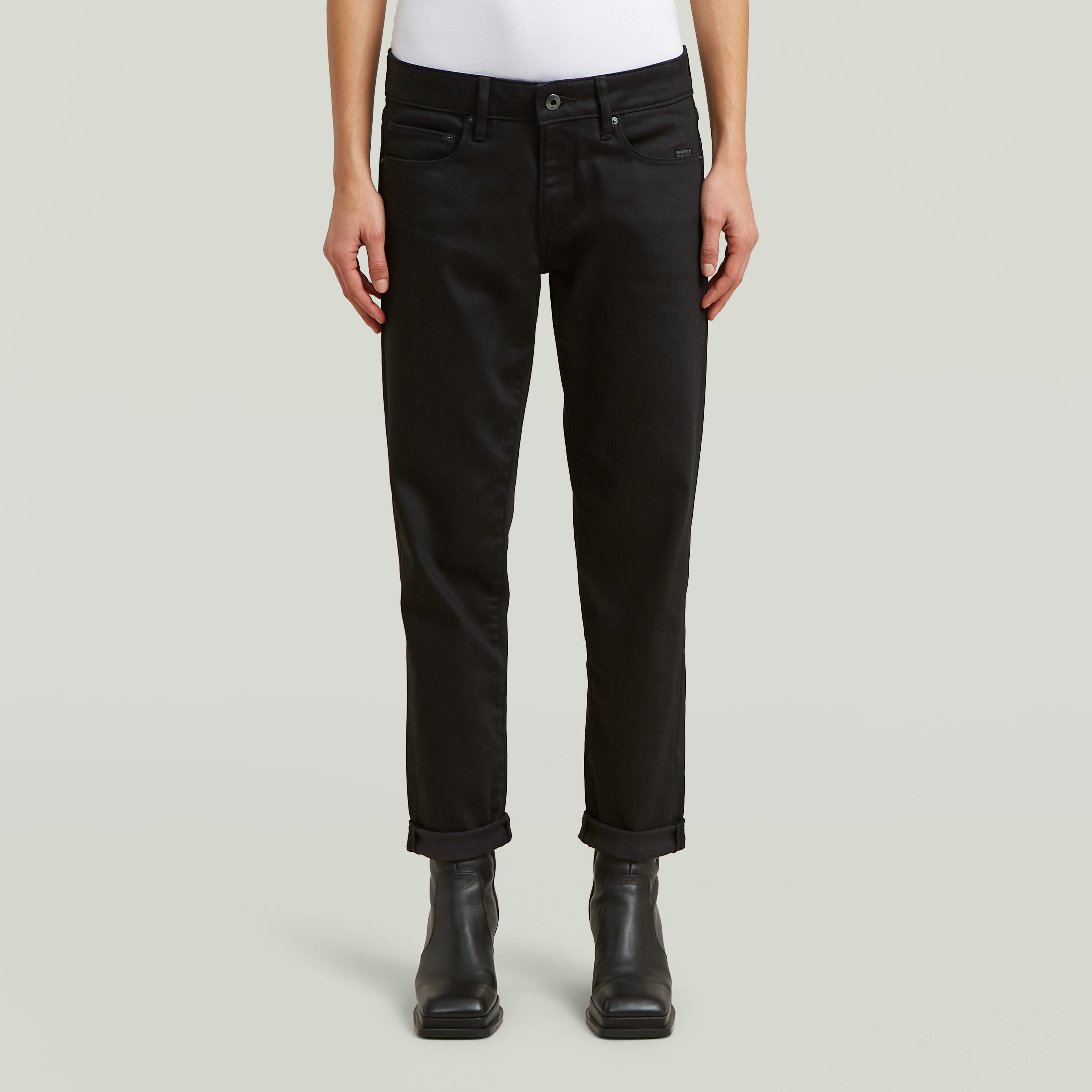 Kate boyfriend style raw denim jeans with relaxed fit and folded hem, perfect for casual looks.