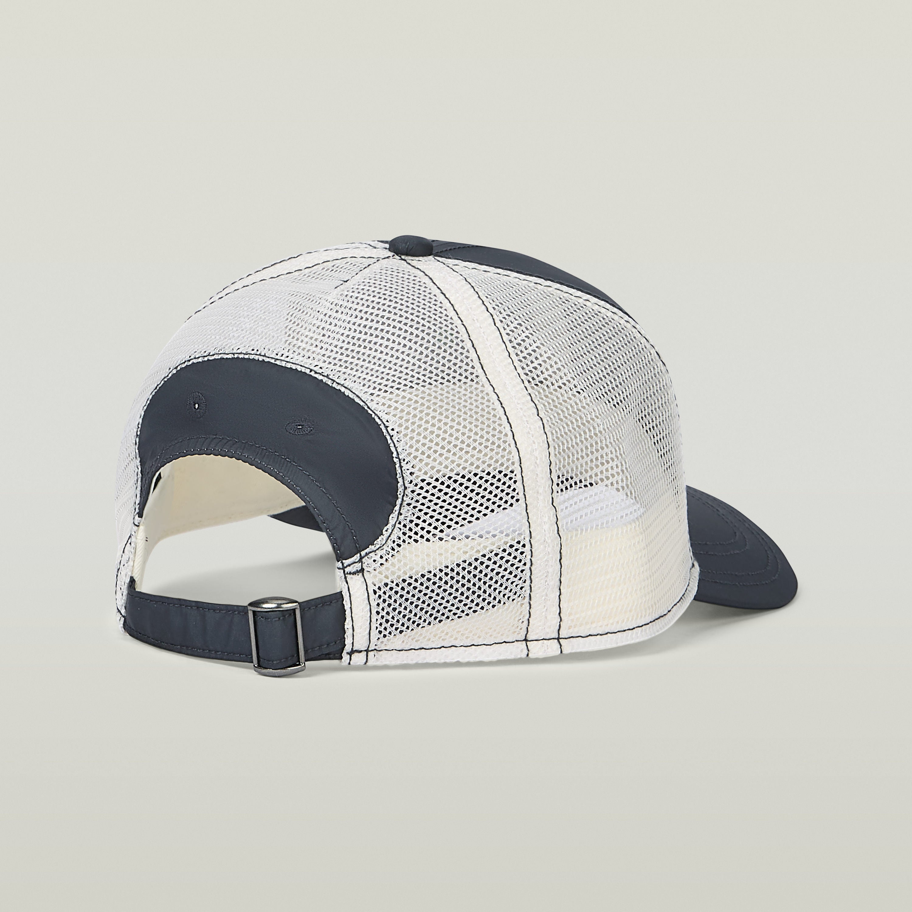 Back view of a baseball trucker cap featuring a breathable mesh design and adjustable clip closure.