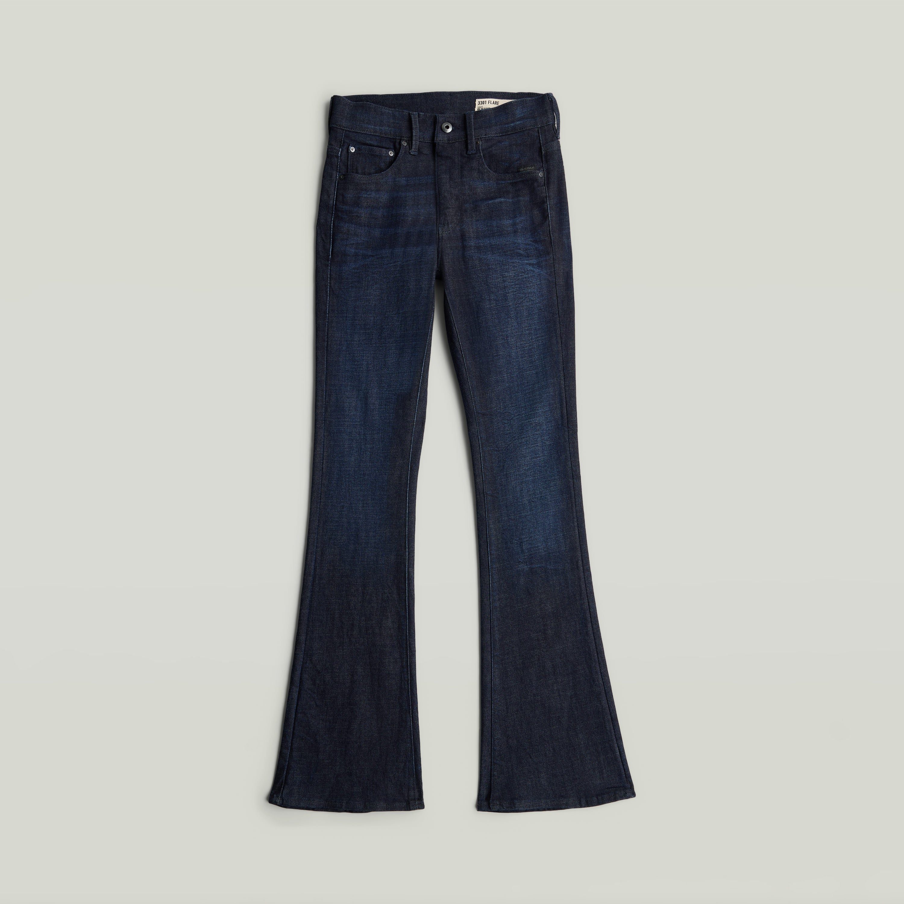3301 Flare Jeans con corte de bota y cierre de cremallera, diseño de cinco bolsillos.