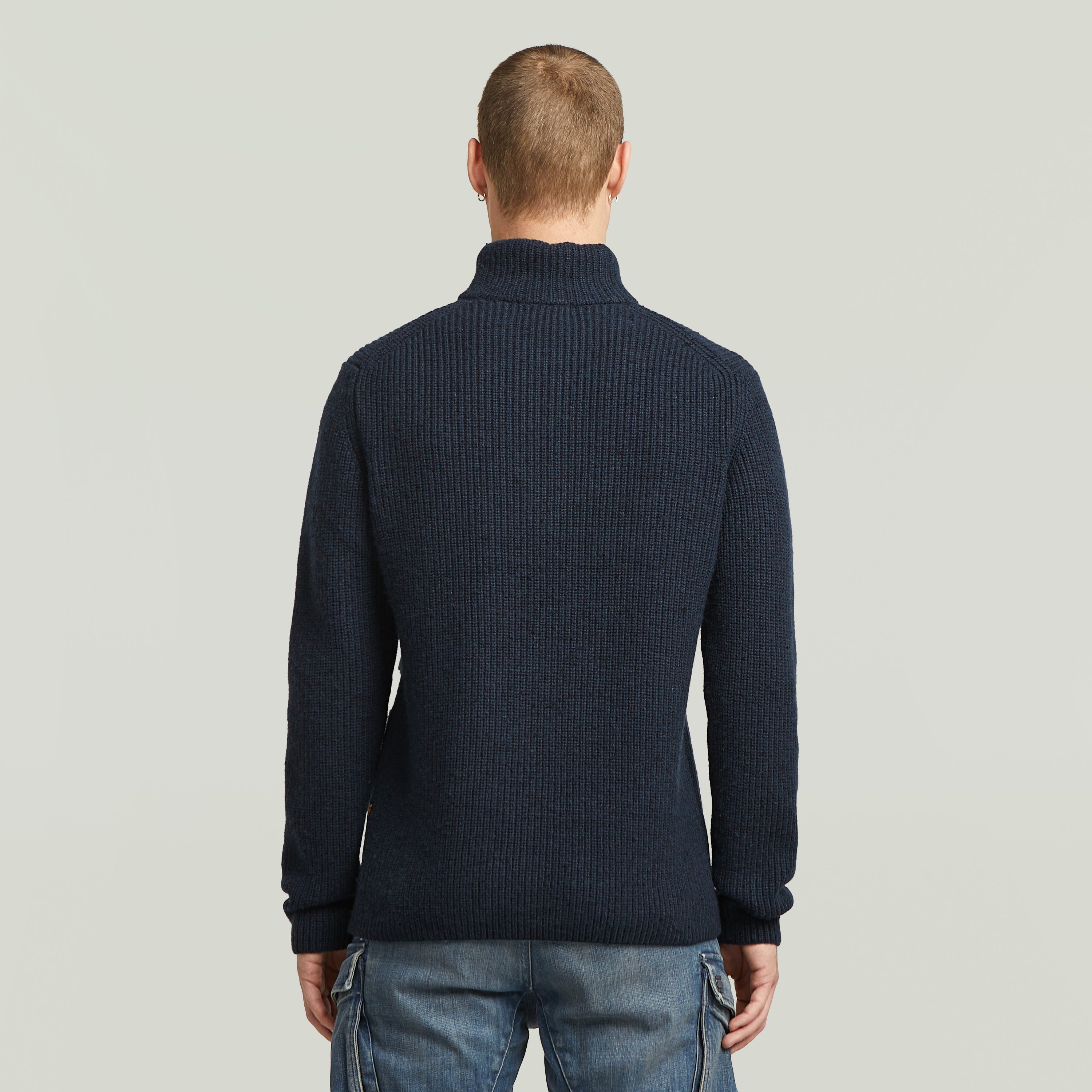 Double Collar Half Zip Knit Sweater back view showcasing modern design and textured fabric.