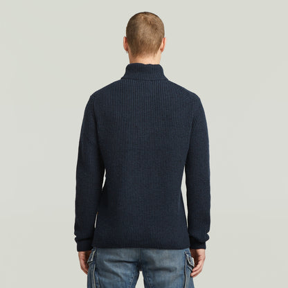 Double Collar Half Zip Knit Sweater back view showcasing modern design and textured fabric.