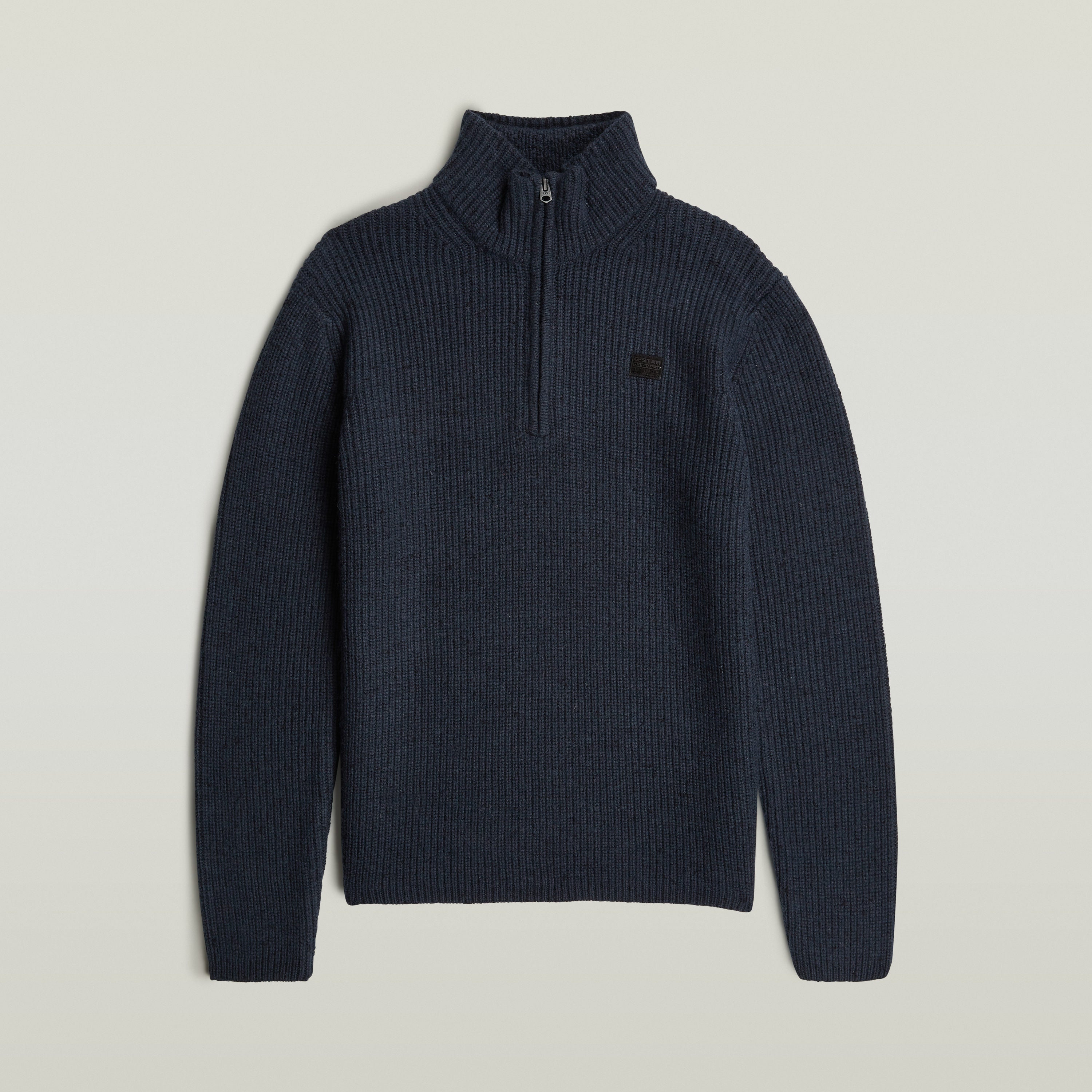 Double collar half zip knit sweater in navy blue with long sleeves and a modern design.