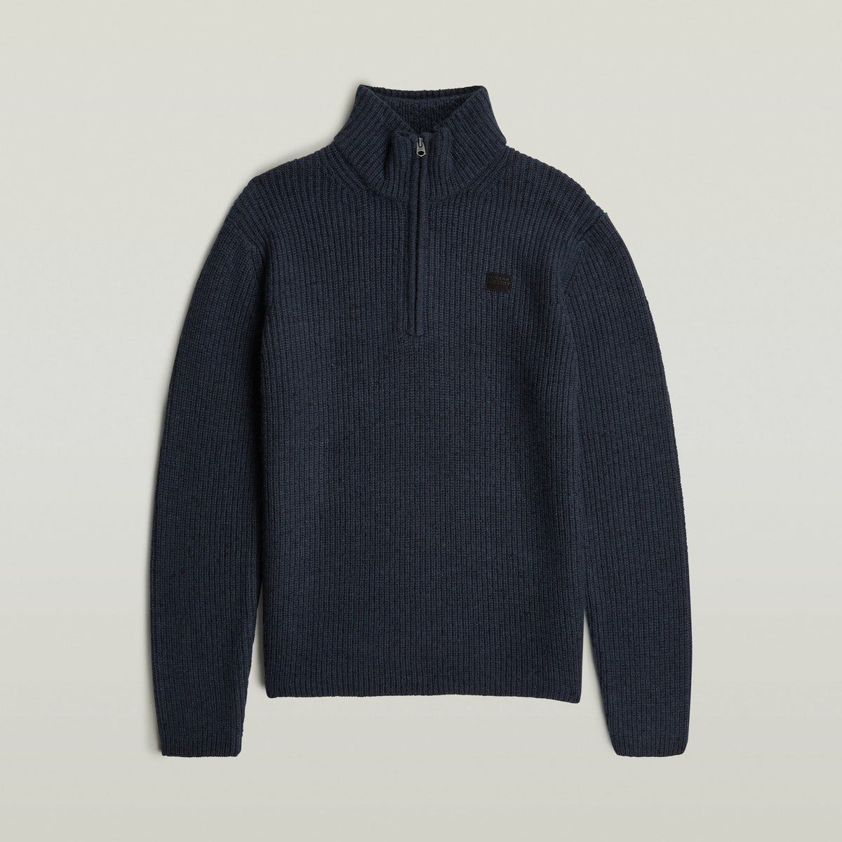 Double collar half zip knit sweater in navy blue with long sleeves and a modern design.