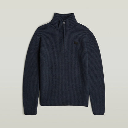 Double collar half zip knit sweater in navy blue with long sleeves and a modern design.