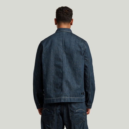 Boxy Clean Neo Raw Overshirt back view showcasing denim greencast material and regular fit.