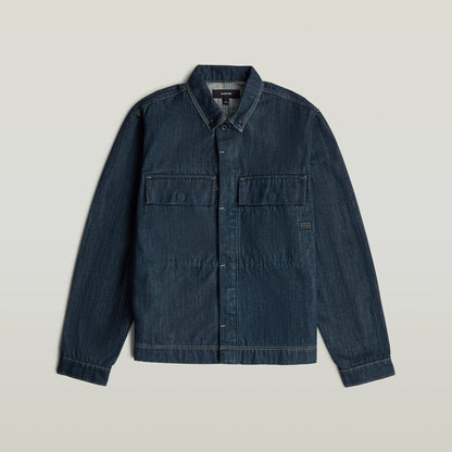 Boxy Clean Denim Overshirt in dark greencast denim with button closure and chest pockets.