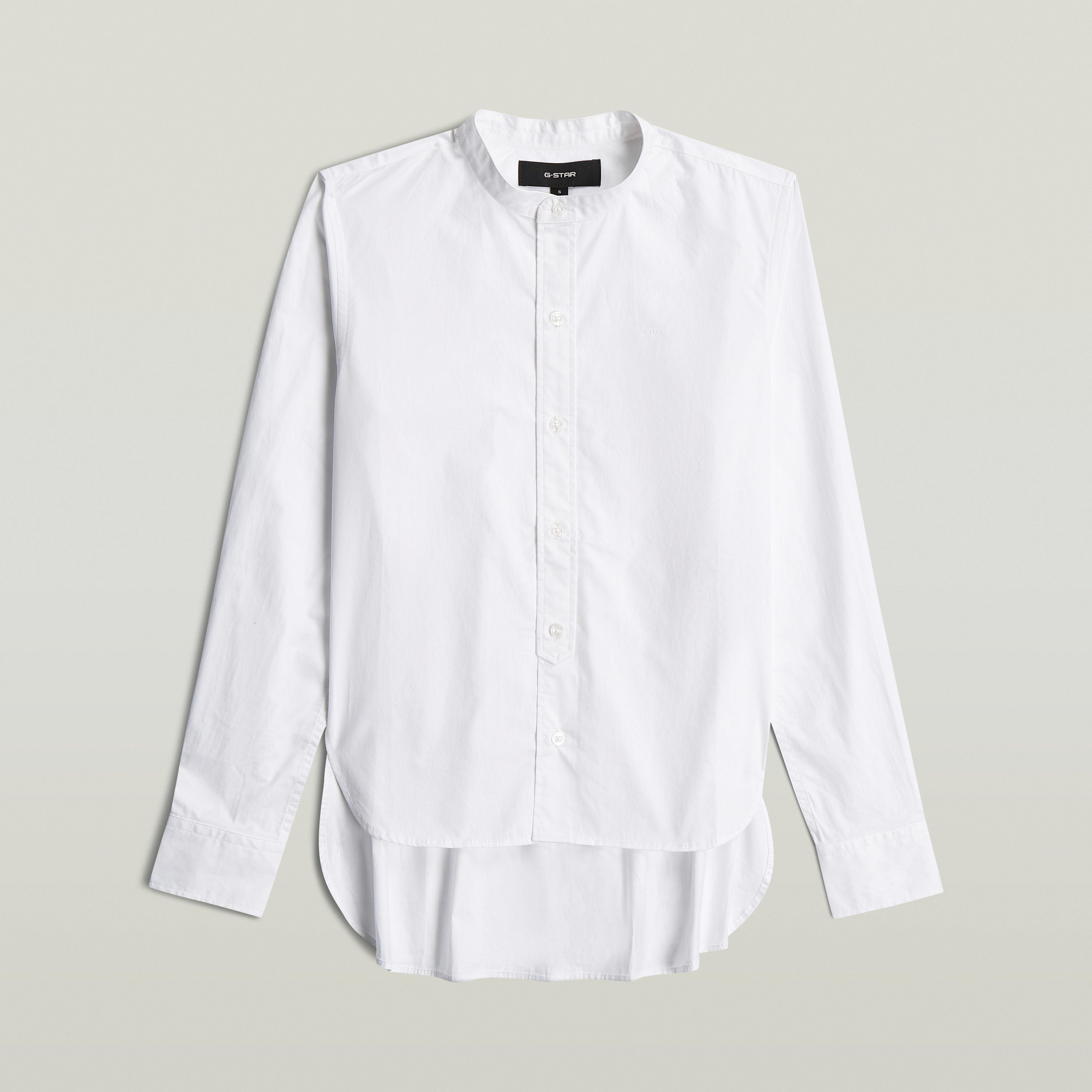 Classic button-up long sleeve shirt in white with a high collar and button closure.