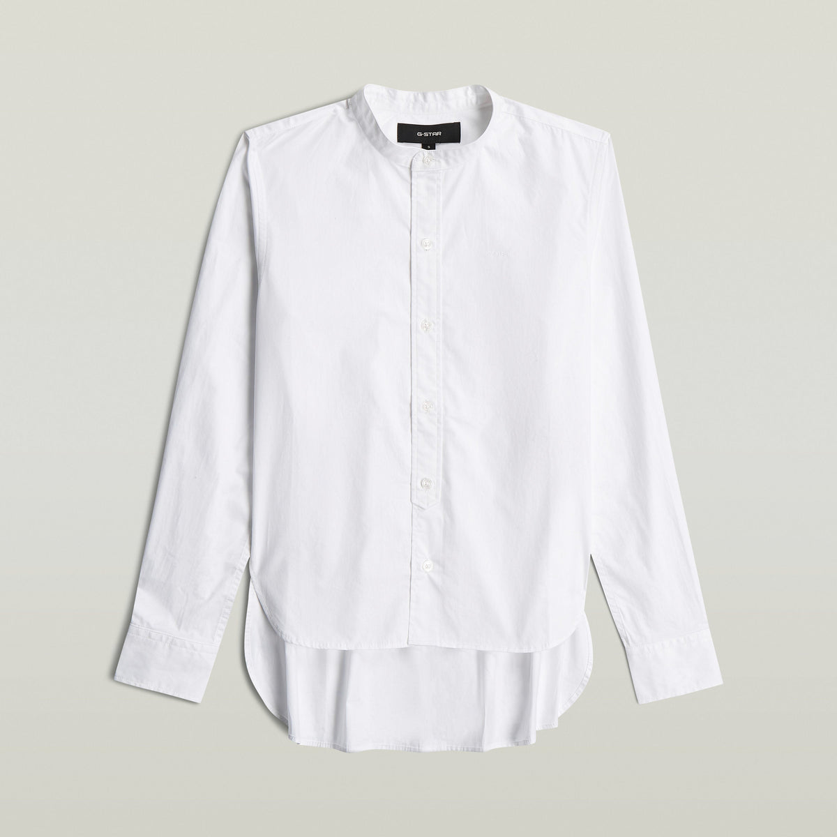 Classic button-up long sleeve shirt in white with a high collar and button closure.