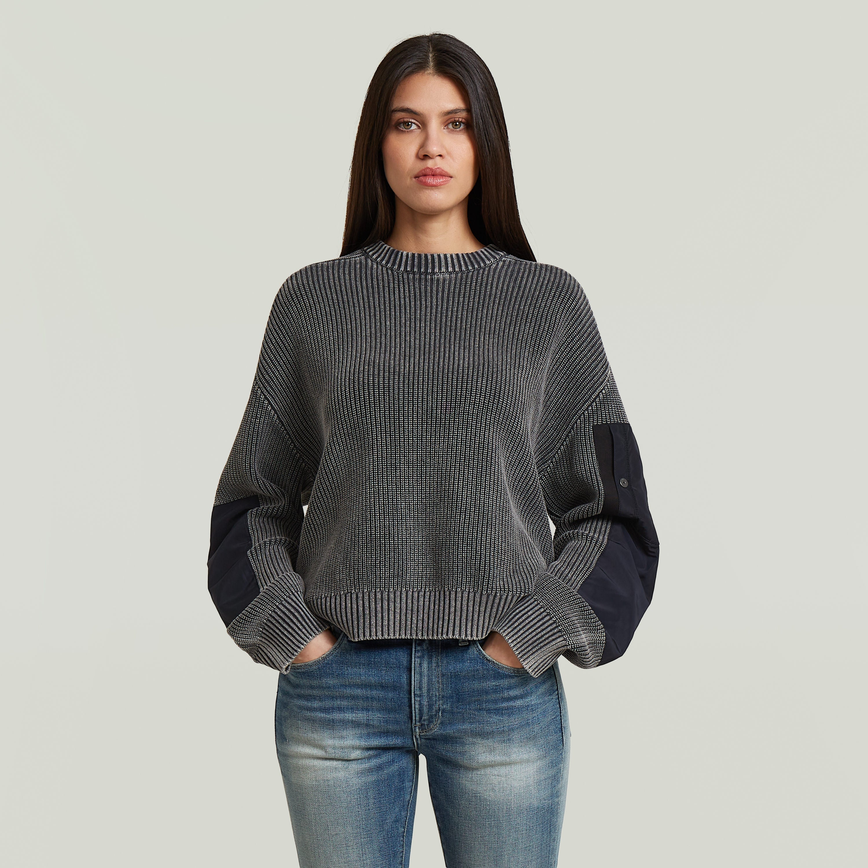 Washed Mixed Media Crew Pullover displayed on a model, featuring a relaxed fit and round neckline.