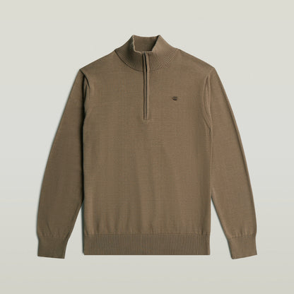 Core Refined Half Zip Knit in brown with half zip design and ribbed cuffs, perfect for modern casual wear.