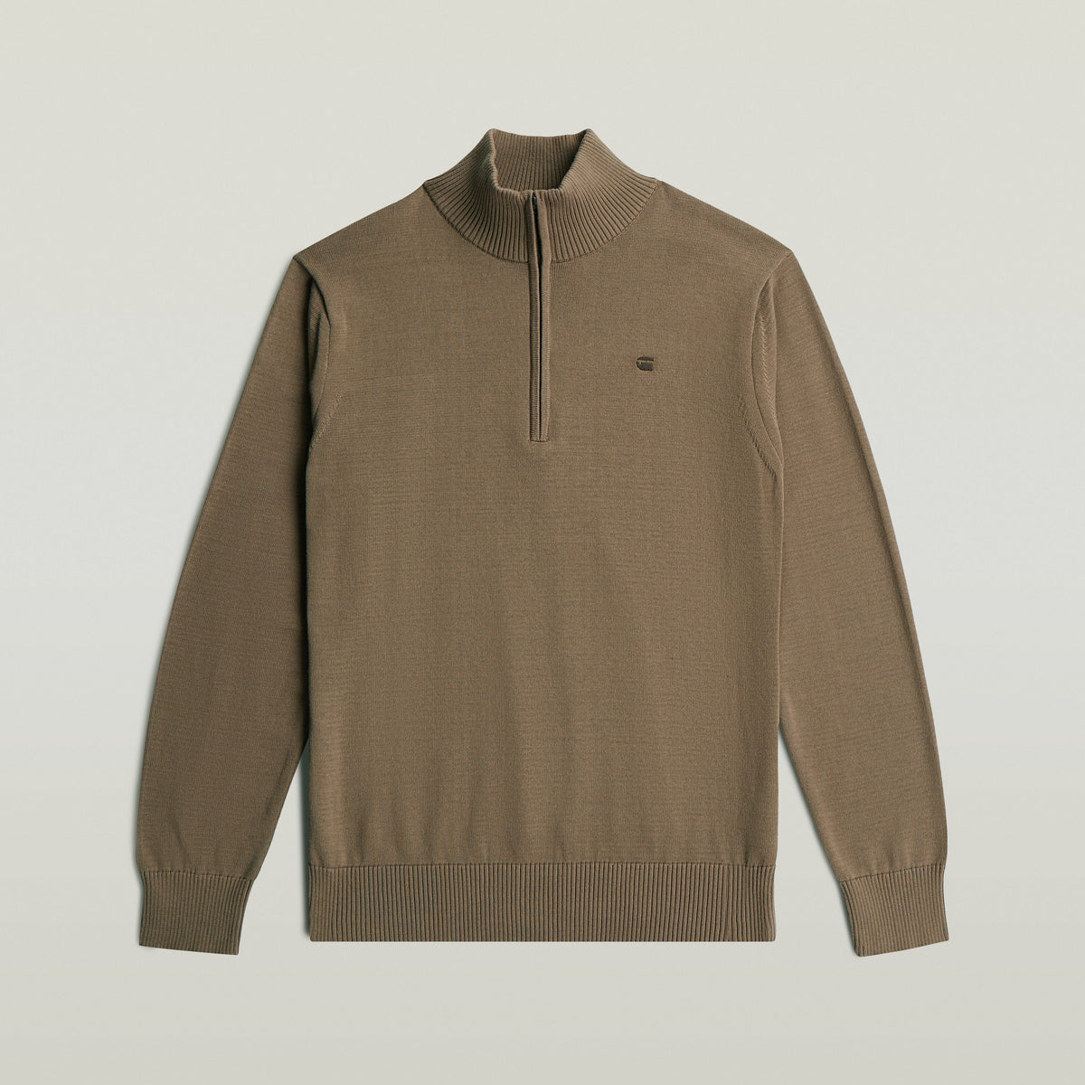 Core Refined Half Zip Knit in brown, featuring half zip closure and ribbed cuffs, ideal half zip knit sweater for modern styling.