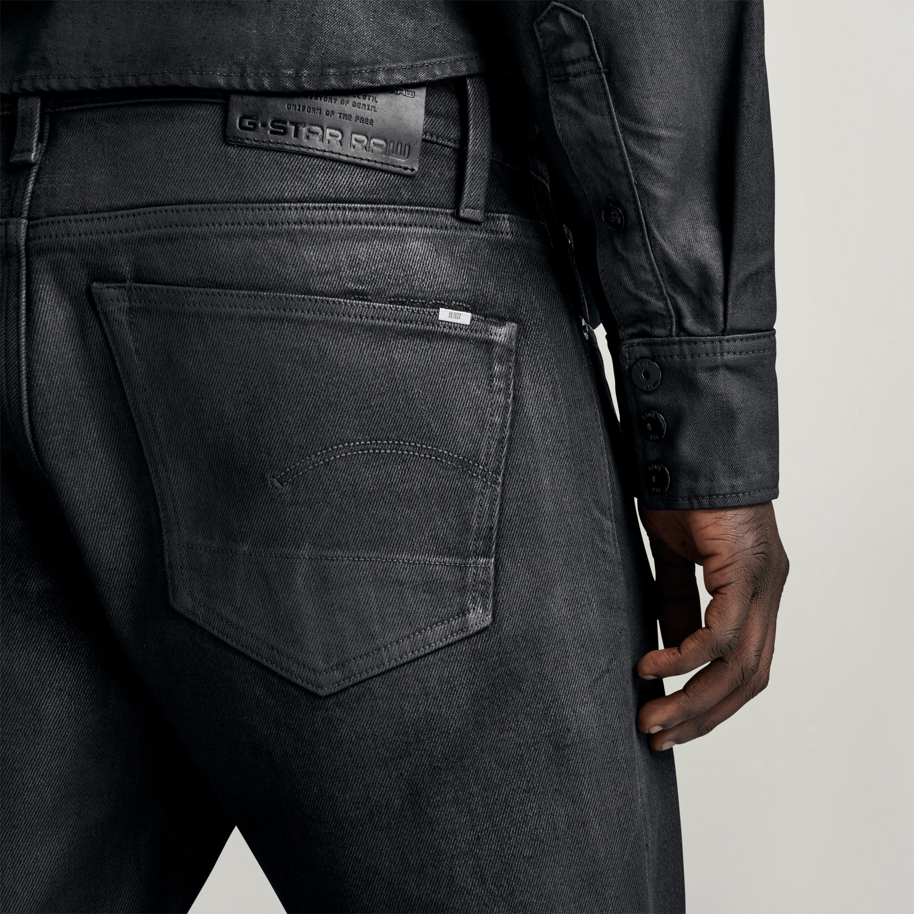 G-Star 3301 slim jeans view of back pocket and label detail, emphasizing style and construction.