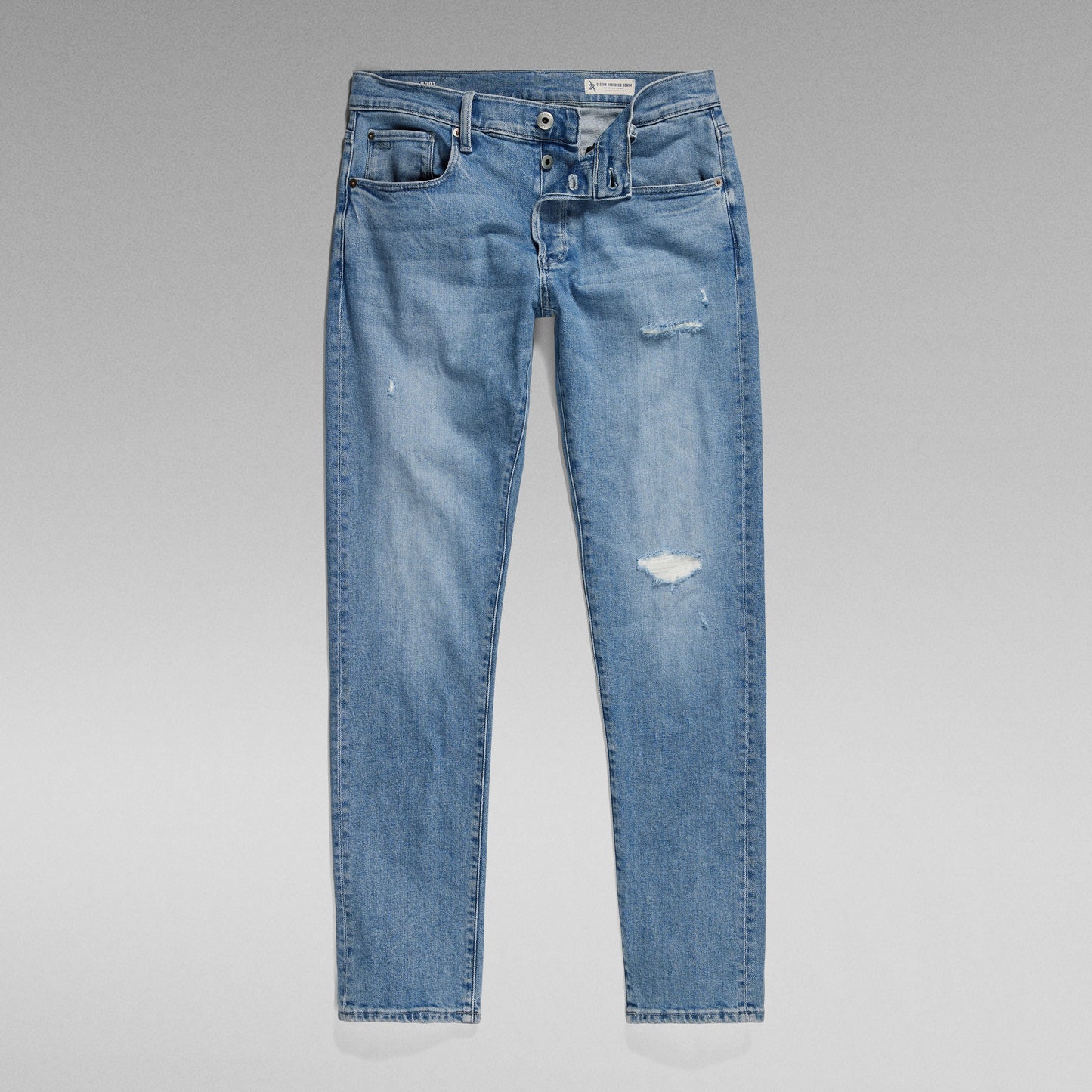 G-Star 3301 slim jeans, estilo auténtico, cinco bolsillos, bragueta de botones, ajuste estrecho.