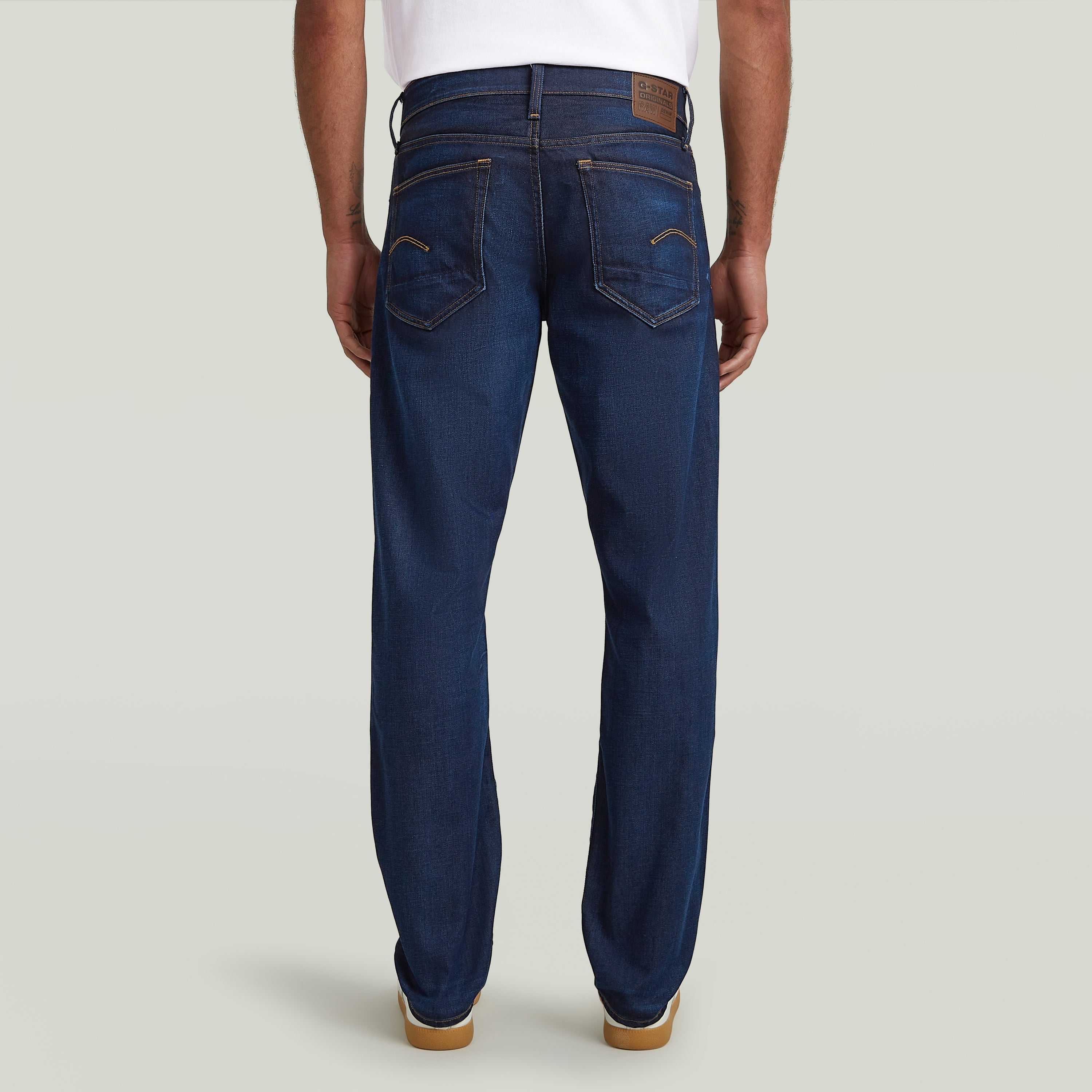 G-Star 3301 Straight jeans view from behind showing the back pockets and branding detail.