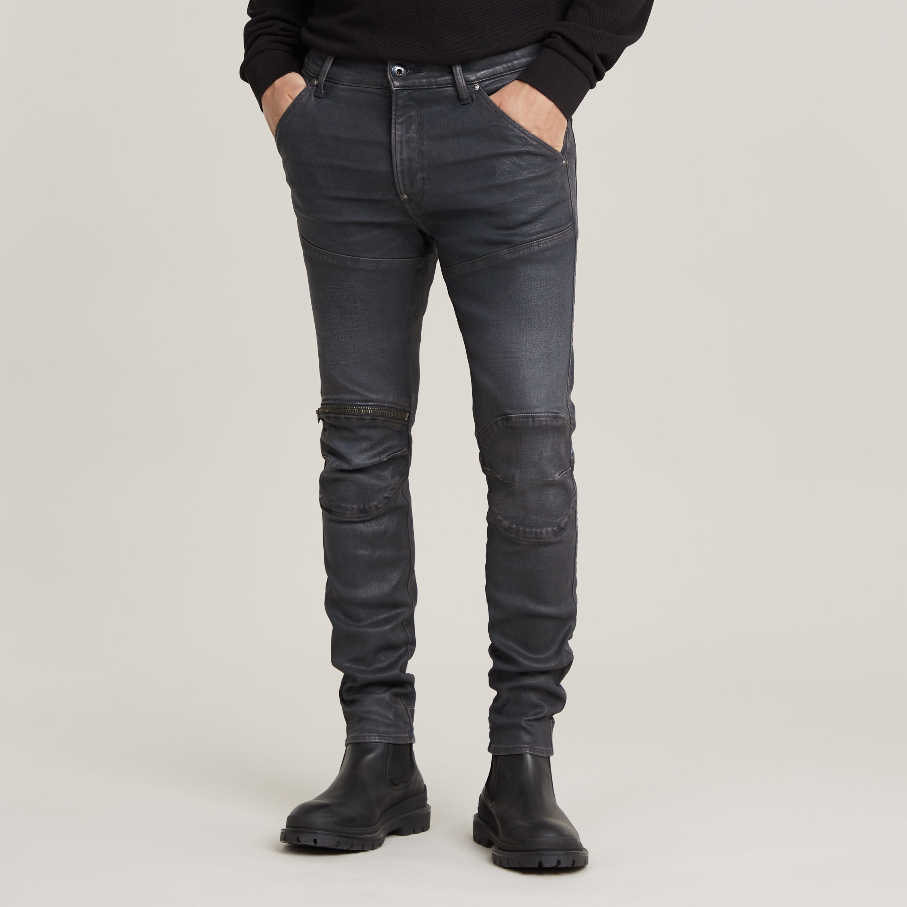 3D zip knee skinny jeans in dark gray with zipper knee detail and slim fit silhouette.