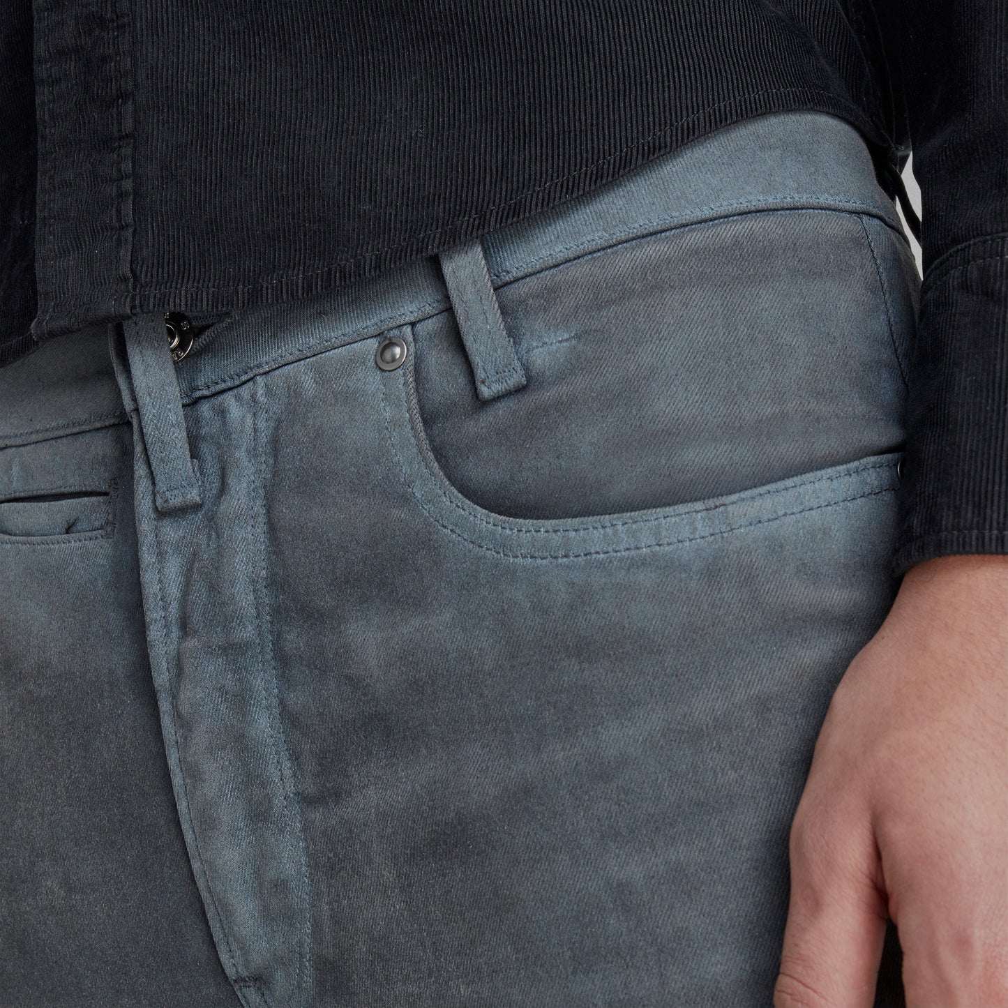 D-Staq slim fit jeans close-up showing details and texture of the denim fabric.