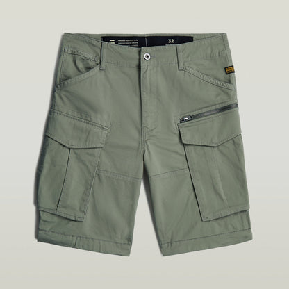 relaxed fit Rovic zip shorts in green with multiple functional pockets and zip closure.