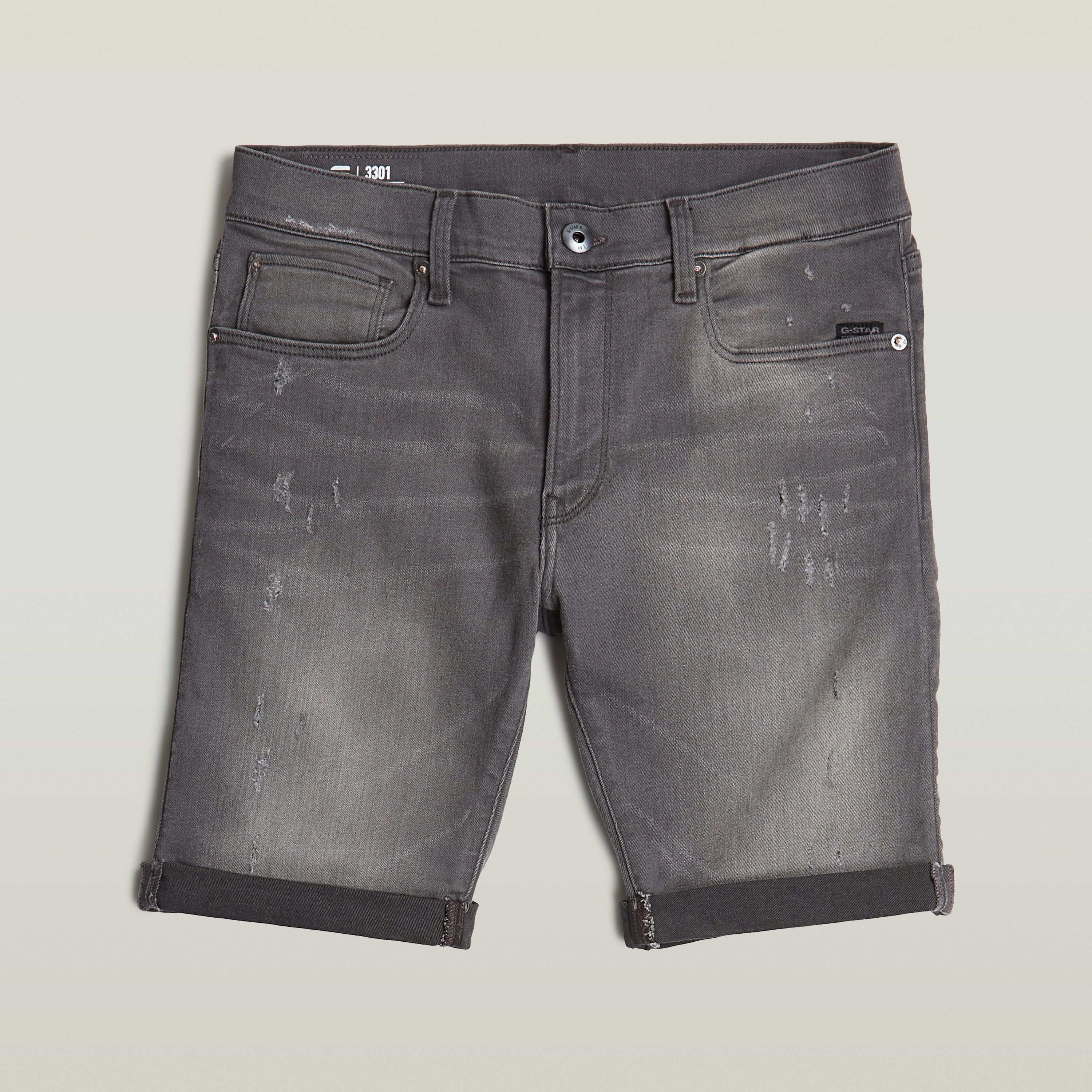G-Star 3301 slim denim shorts in gray with five-pocket design and rolled cuffs.
