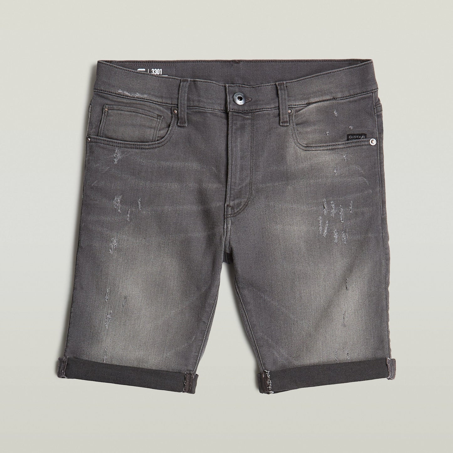 G-Star 3301 slim denim shorts in gray with five-pocket design and rolled cuffs.