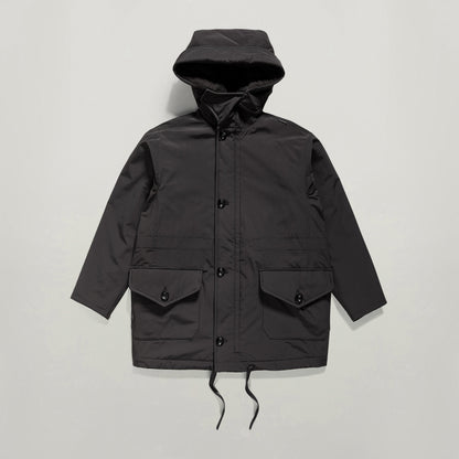 loose fit parka with hood in black color featuring a spacious hood and large front pockets.