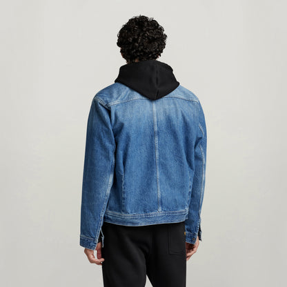 Chaqueta unisex Flight Combat vista trasera, estilo denim con capucha negra.
