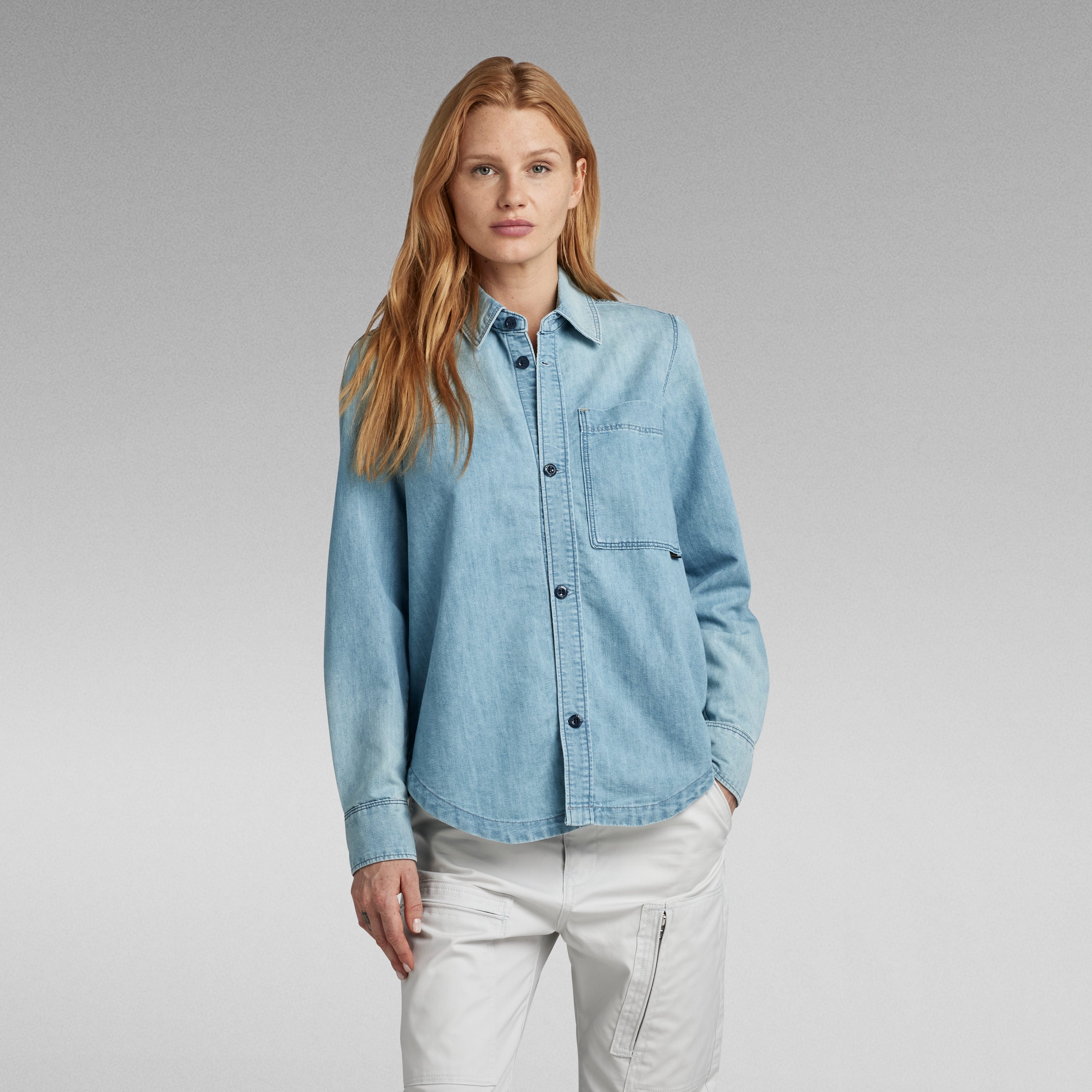 Camisa de denim Gstar para hombre, de manga larga, con bolsillos y cierre a presión.