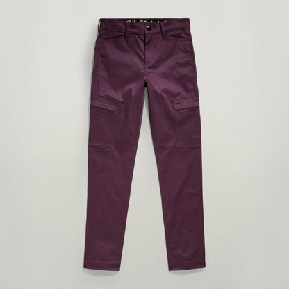 Pantalones Slim Cargo en color púrpura, diseño ajustado con bolsillos con cremallera oculta, slim fit cargo pants.