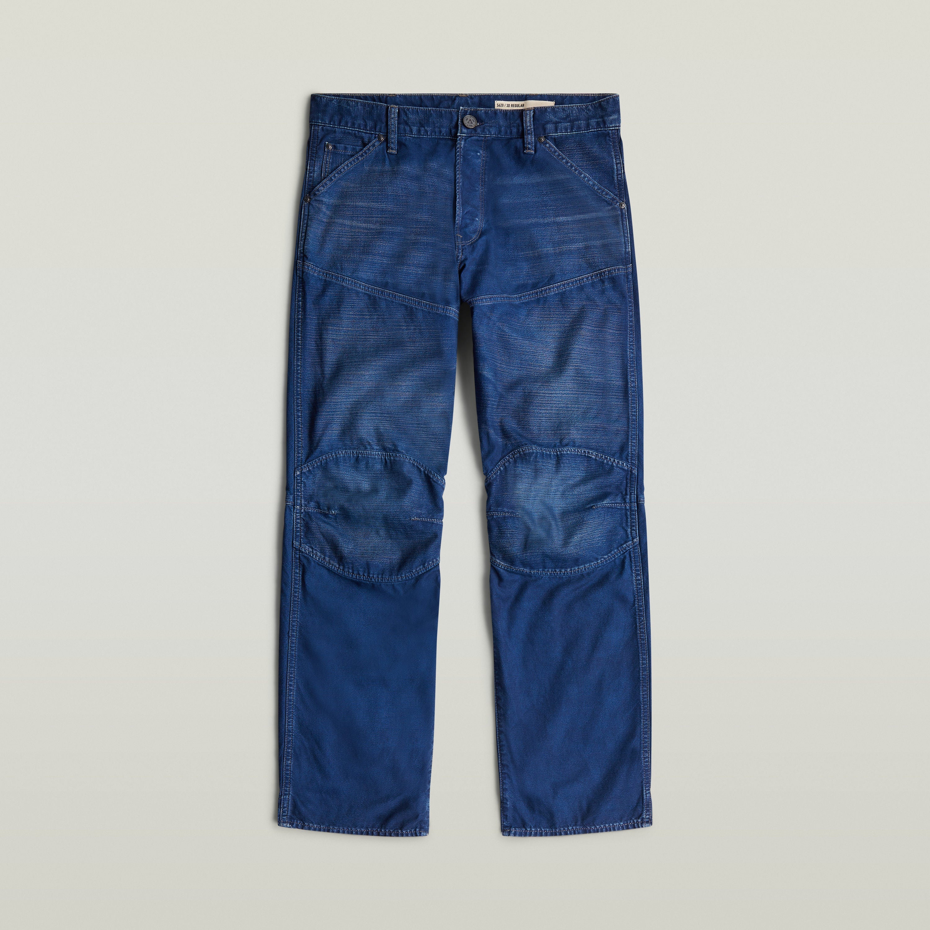 G-STAR Elwood regular jeans in blue with diagonal seams and knee patches for enhanced movement and comfort.