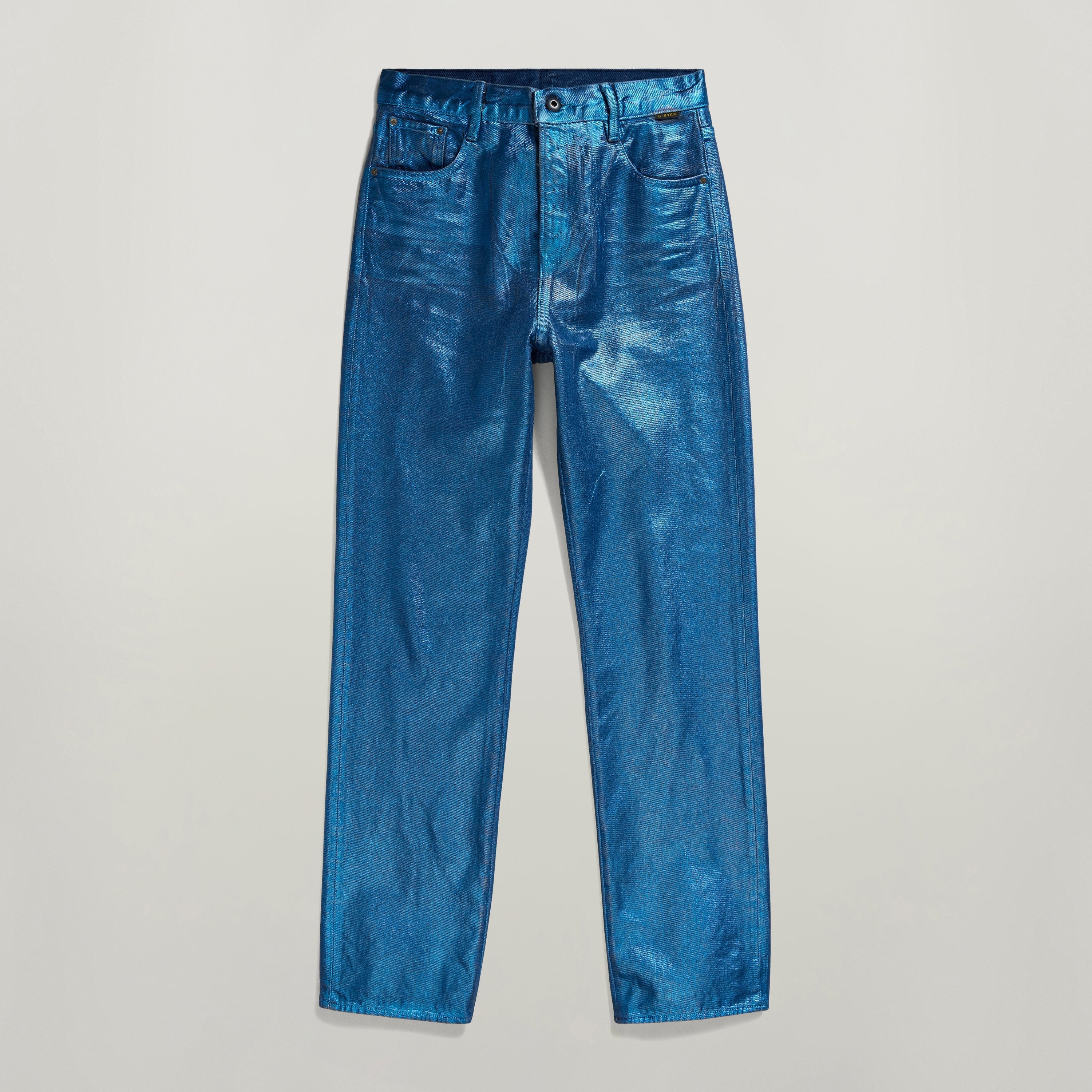 Jeans Viktoria High Straight, high waist straight leg jeans in shiny blue fabric.