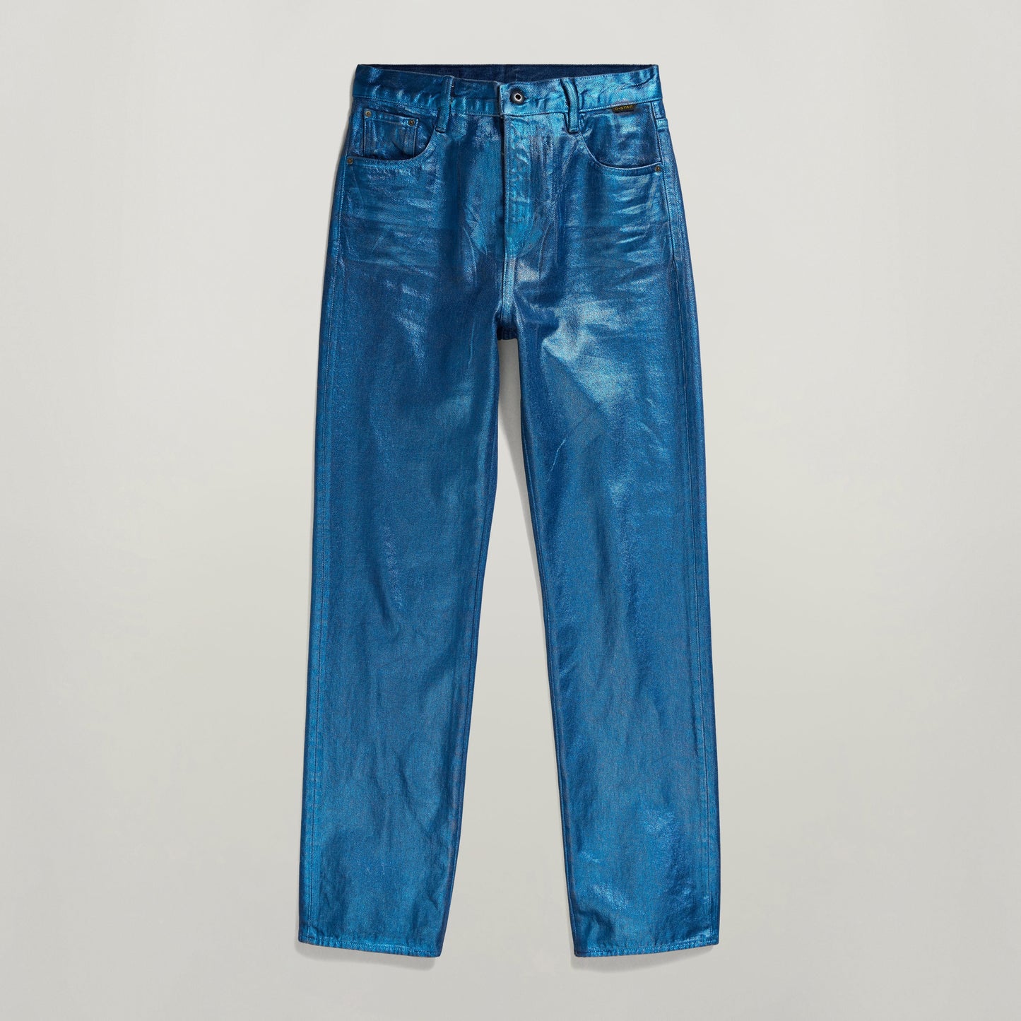 Jeans Viktoria High Straight, high waist straight leg jeans in shiny blue fabric.