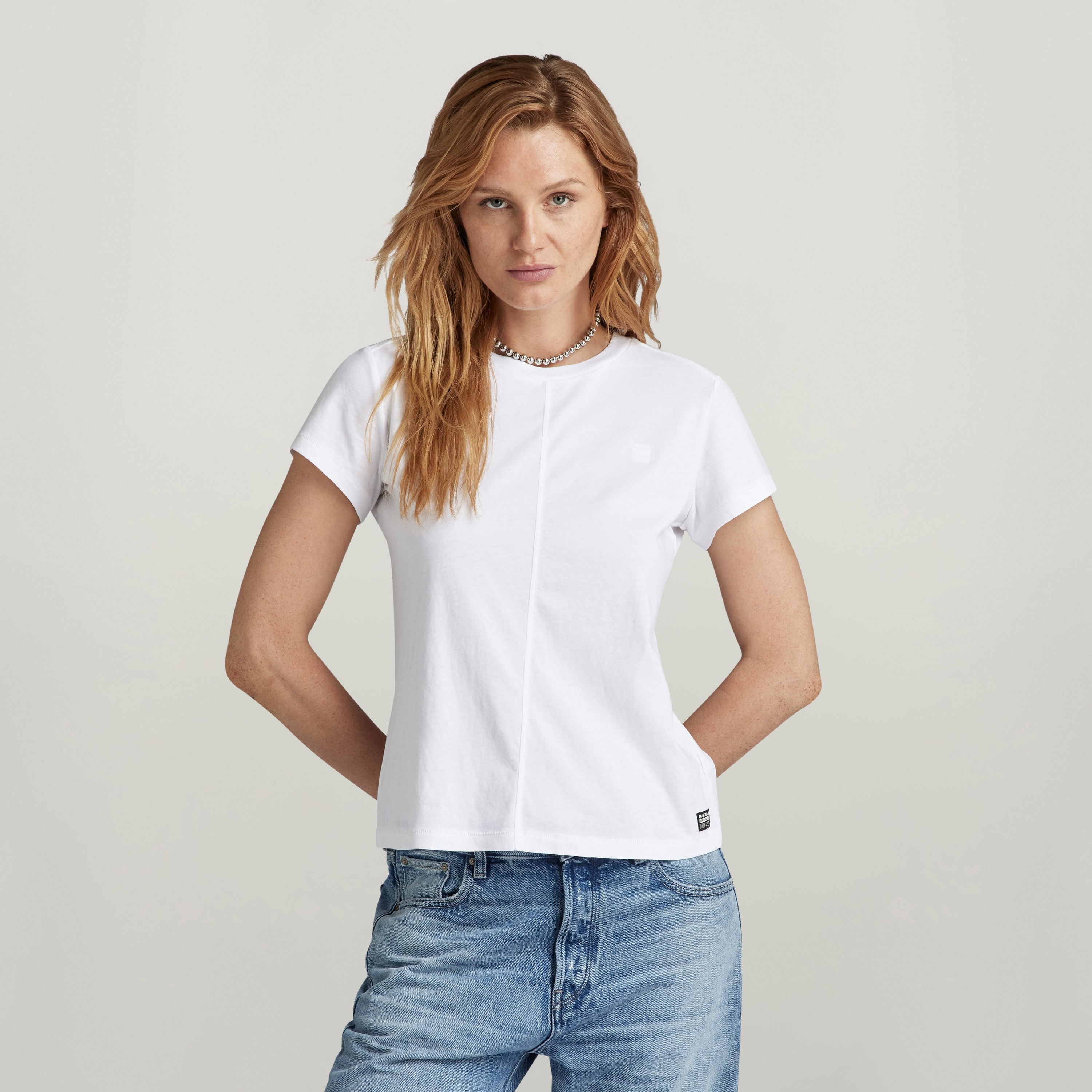 Top front seam shirt with embroidery in white, featuring unique shoulder seams and G-Star RAW logo.