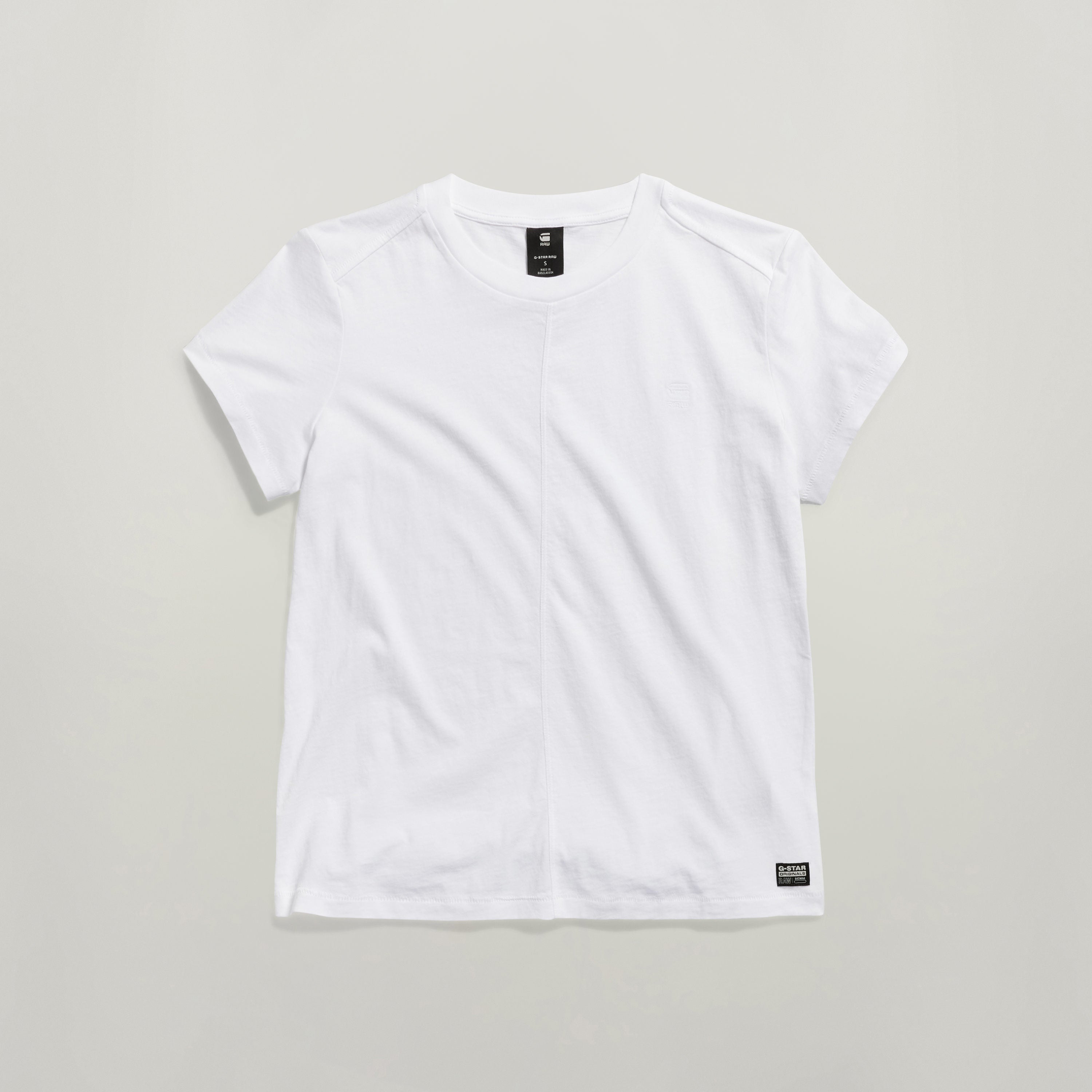 top front seam shirt with embroidery in white, featuring advanced shoulder seams and vertical stitching.