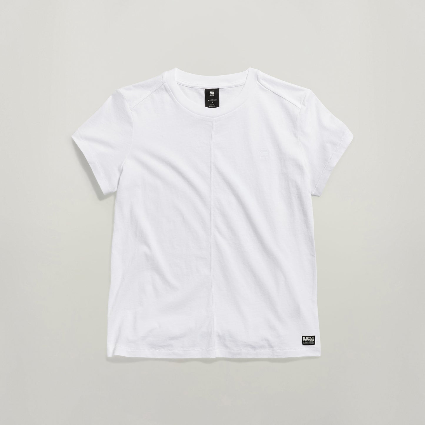 top front seam shirt with embroidery in white, featuring advanced shoulder seams and vertical stitching.
