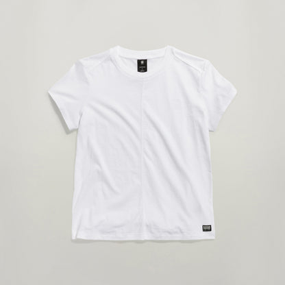 top front seam shirt with embroidery in white, featuring advanced shoulder seams and vertical stitching.