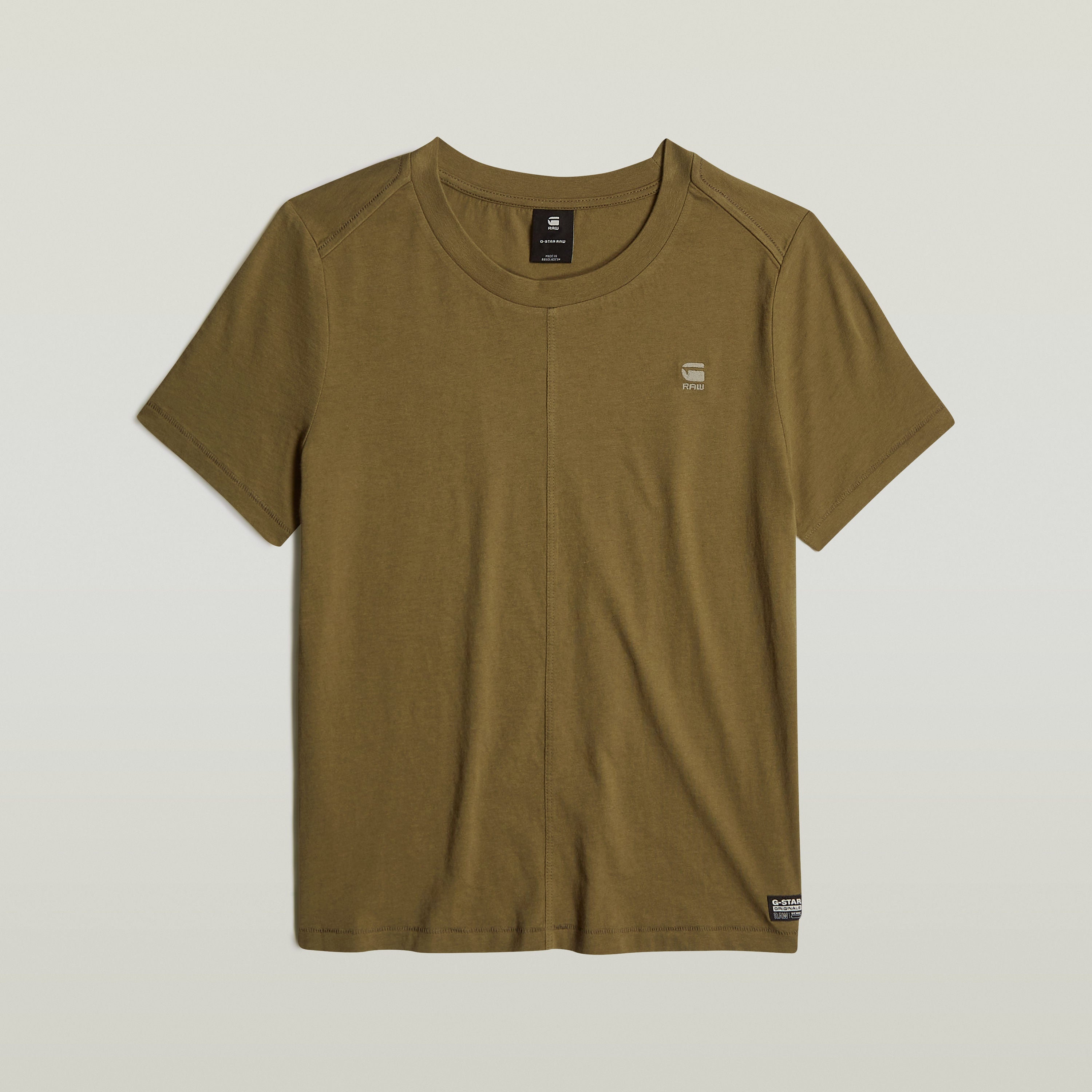 eco-friendly front seam top in olive green with ribbed neckline and vertical front seam.