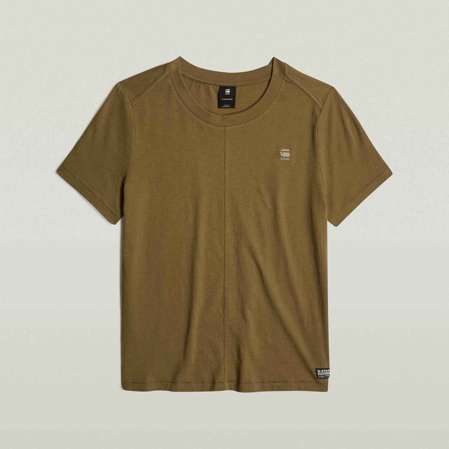 eco-friendly front seam top in olive green with ribbed neckline and vertical front seam.