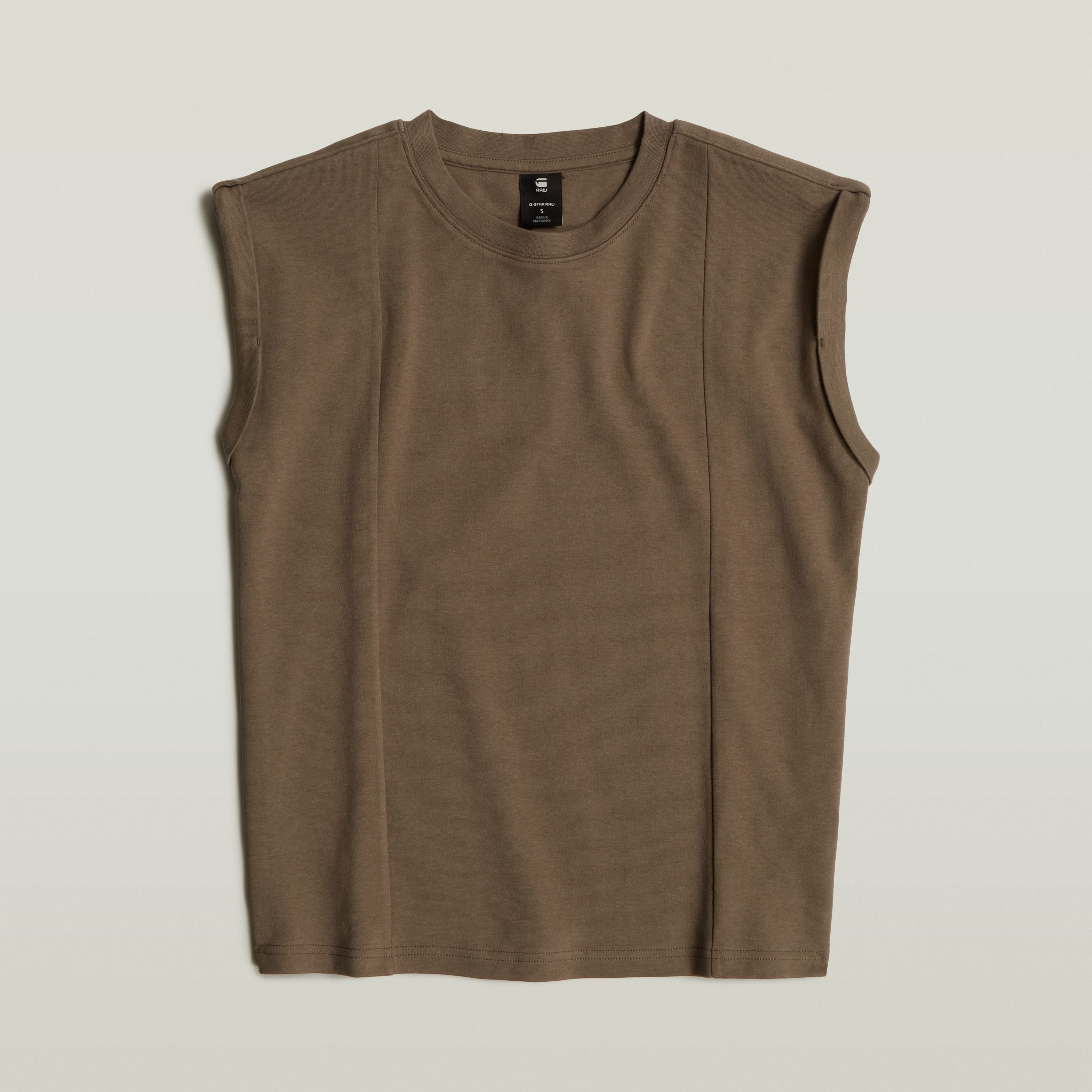 constructed loose top with short sleeves in dark brown, featuring a sleeveless design and unique stitching.