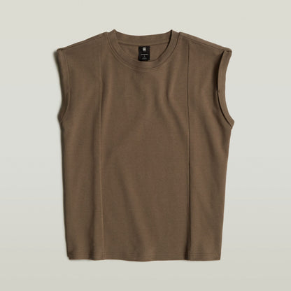 constructed loose top with short sleeves in dark brown, featuring a sleeveless design and unique stitching.