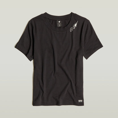 Top Faux Embro Logo, black t-shirt featuring a faux embroidered logo and soft cotton fabric.
