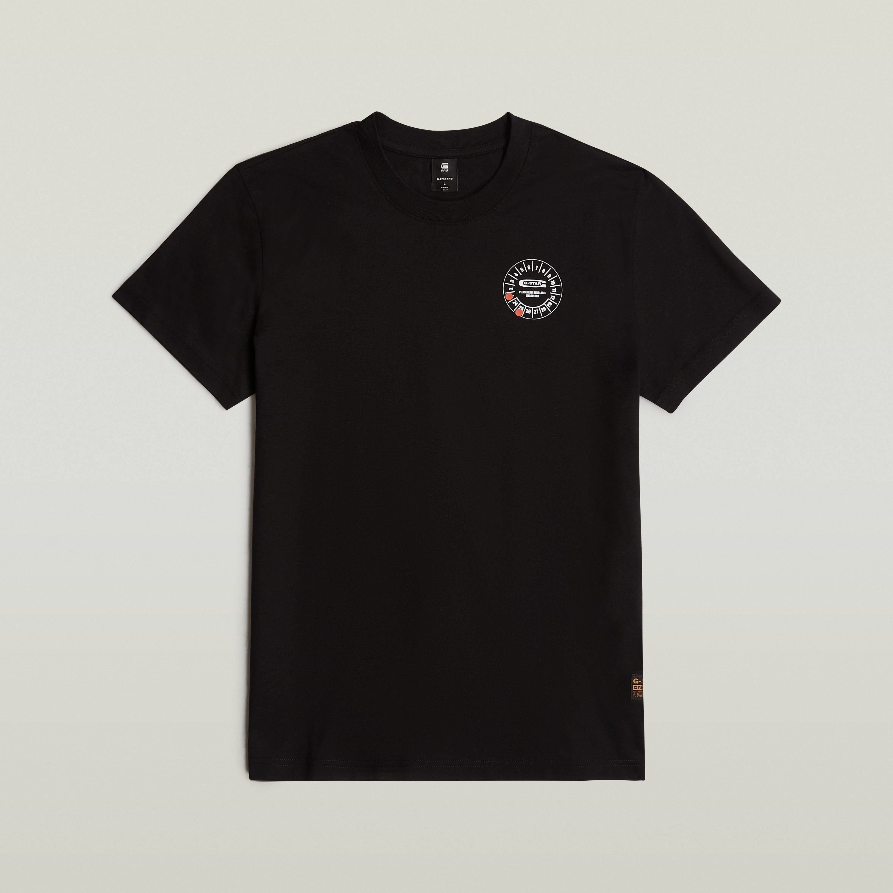 Camiseta Gauge G-STAR con diseño gráfico en negro, material 100% algodón ecológico, corte recto y logo en el pecho.