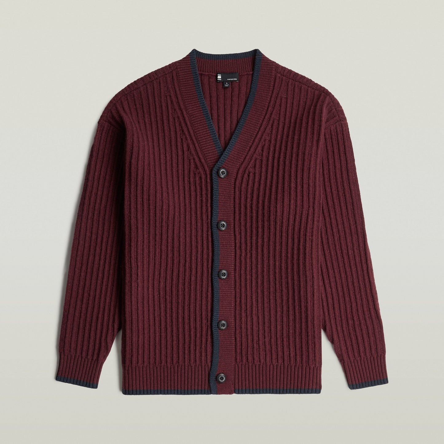 Men's V-neck cardigan knit in burgundy with long sleeves and ribbed design.