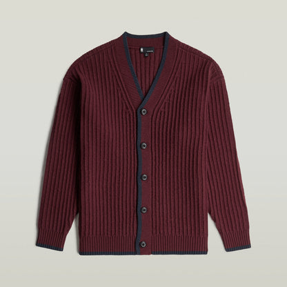 Men's V-neck cardigan knit in burgundy with long sleeves and ribbed design.