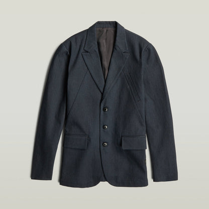 A-Line tailored denim blazer in dark blue, featuring a classic button closure and structured silhouette.