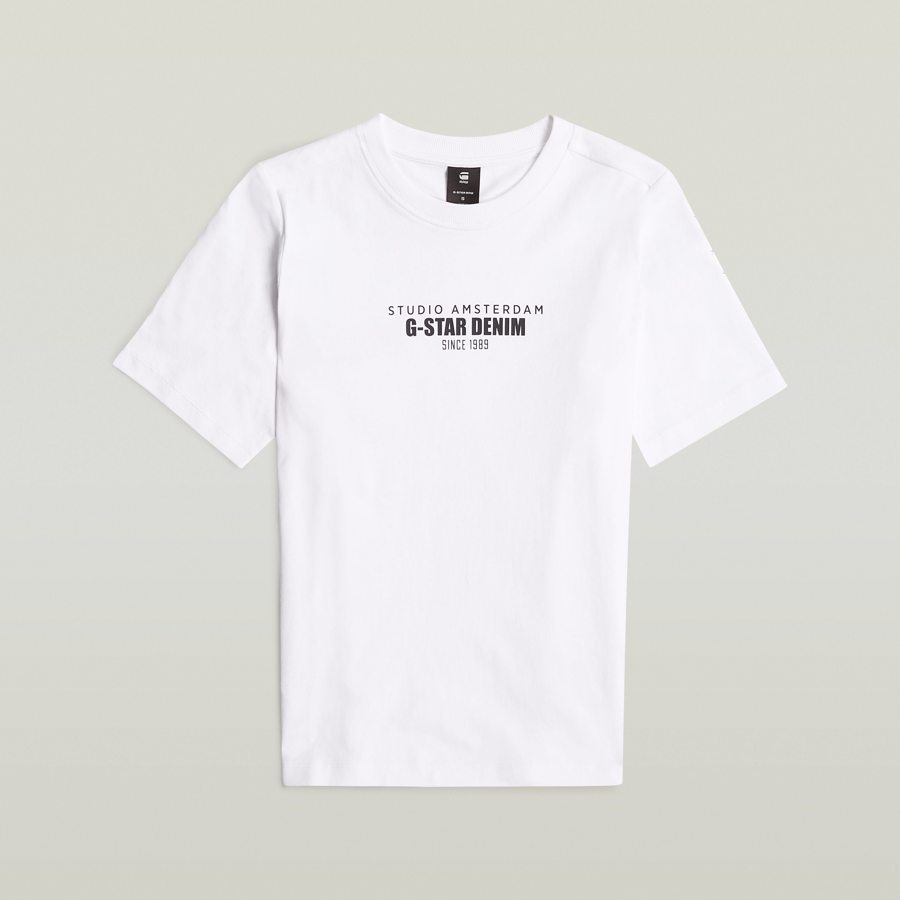 Camiseta gráfica de algodón ecológico, blanca, con estampado G-Star Denim, corte recto y cuello redondo.