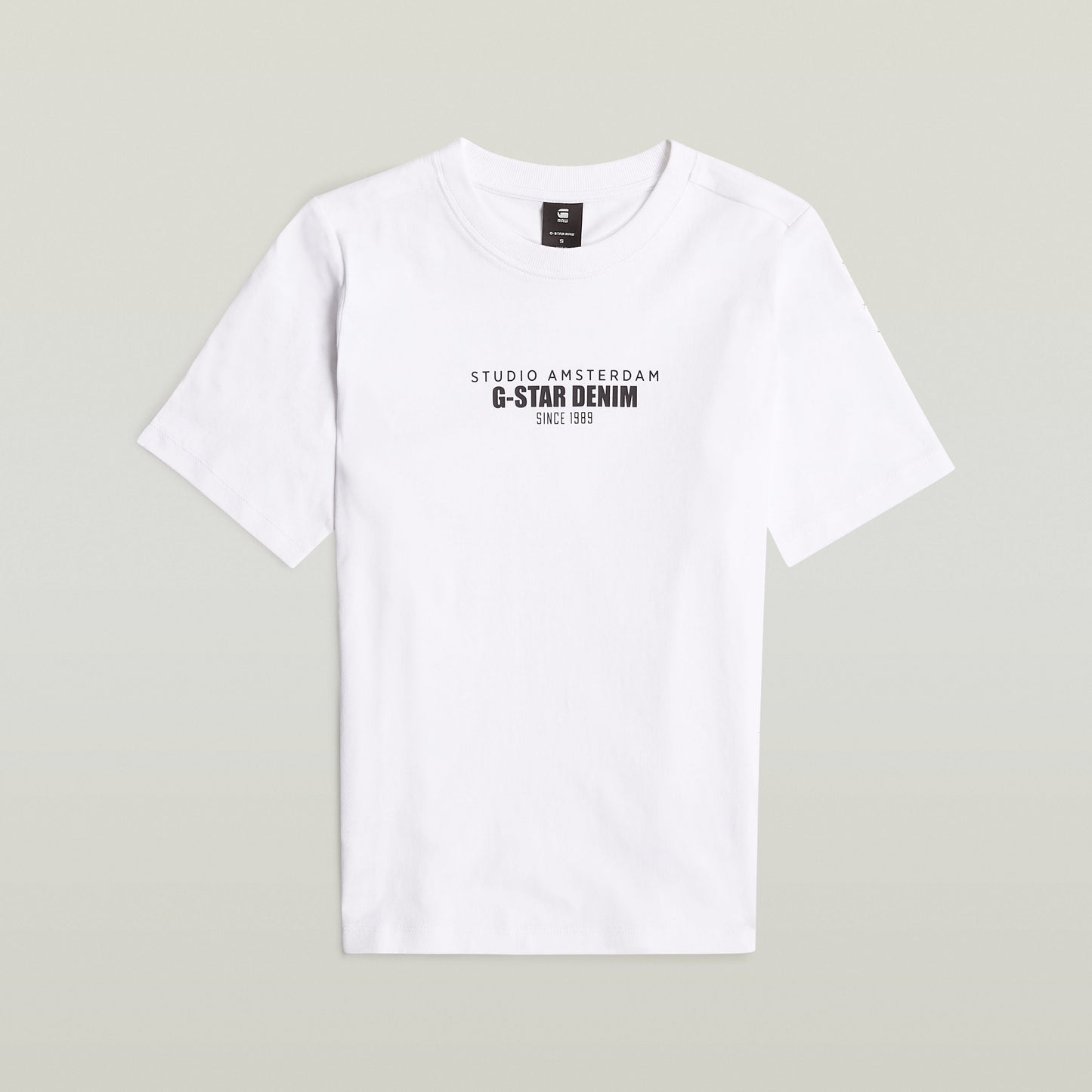 Camiseta gráfica de algodón ecológico, blanca, con estampado G-Star Denim, corte recto y cuello redondo.