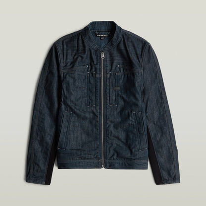 Chaqueta Biker Neo Raw, chaqueta biker de diseño minimalista en denim greencast con cierre de cremallera y cuello alzado.