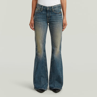 3D flare jeans for women in bootcut style with unique design and faded denim finish.