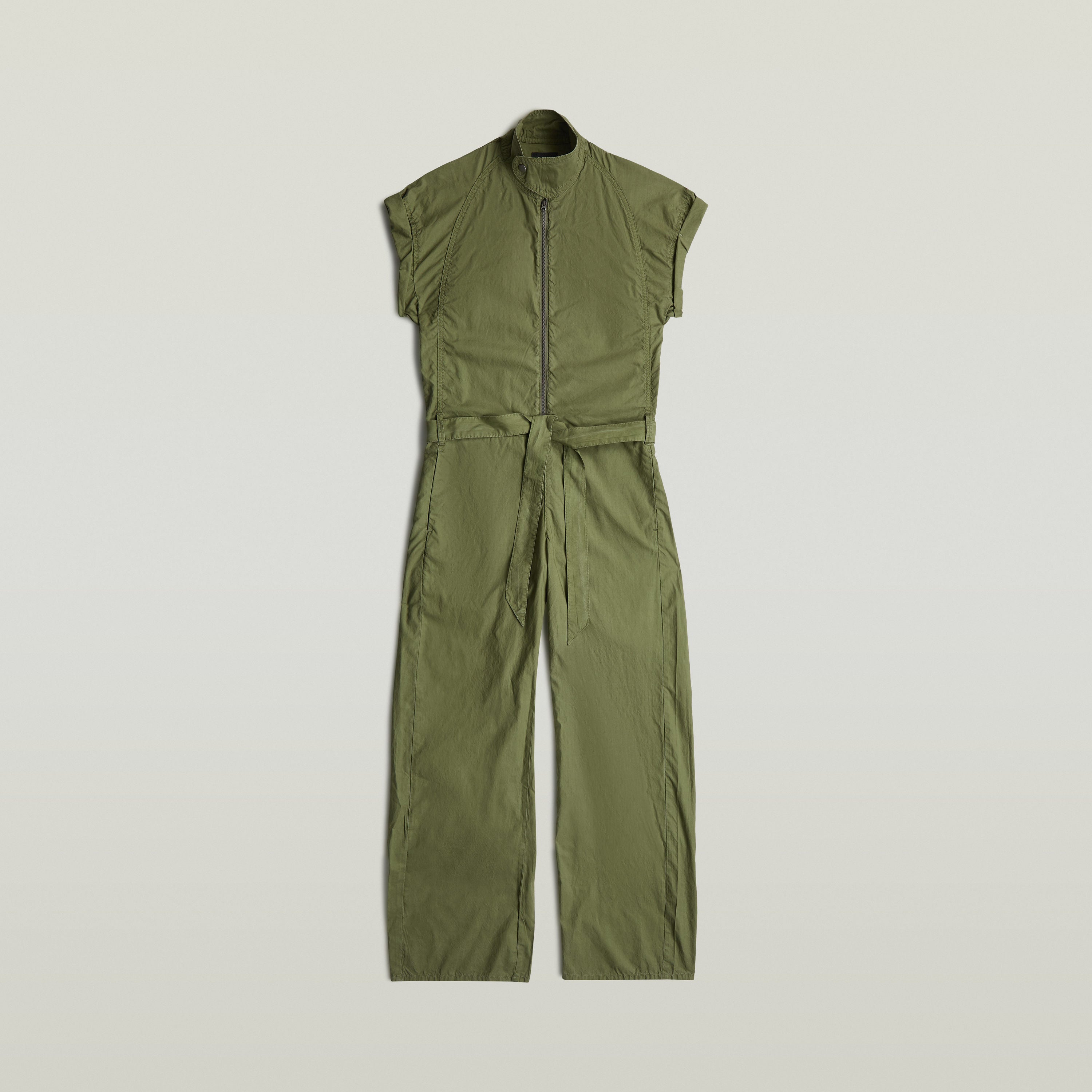 Summer jumpsuit with high waist in green color, featuring short sleeves and long legs.