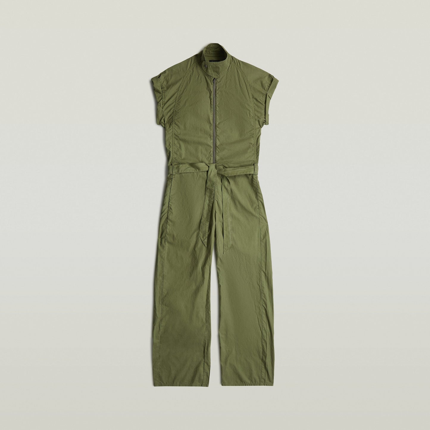 Summer jumpsuit with high waist in green color, featuring short sleeves and long legs.